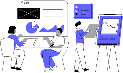 Equipo de desarrollo de software a medida analizando dashboards con gráficos de datos en una reunión de planificación.