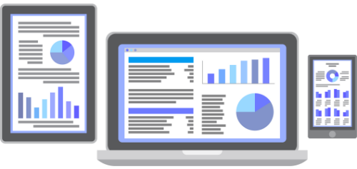 Dashboard interactivo con gráficos de análisis de datos mostrado en dispositivos responsive: portátil, tablet y móvil.