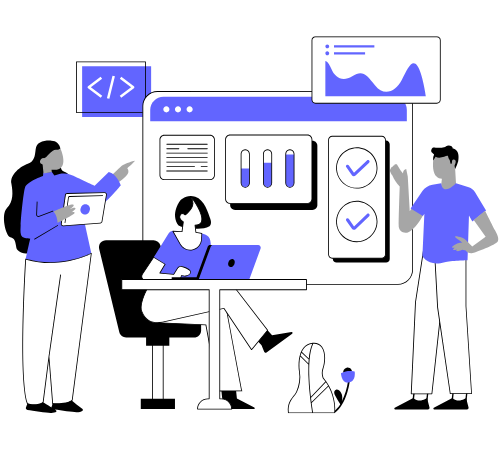 Equipo colaborando en el desarrollo de una aplicación empresarial con interfaz gráfica