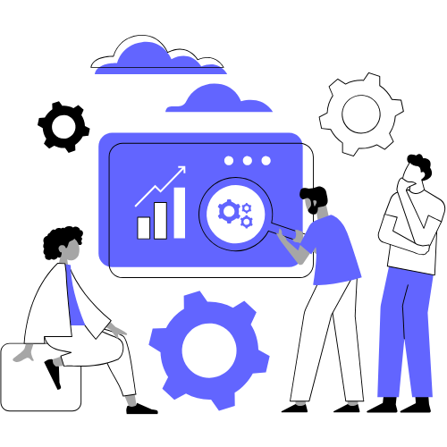 Tres personas analizan un panel con gráficas y engranajes, representando el posicionamiento SEO y la optimización de procesos digitales