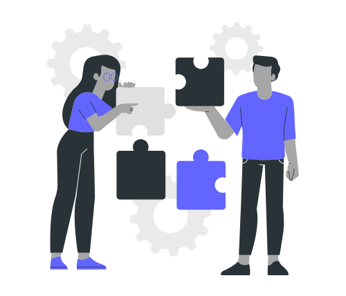 os personas ensamblando piezas de puzle frente a engranajes, simbolizando soporte técnico, trabajo en equipo o integración de soluciones.